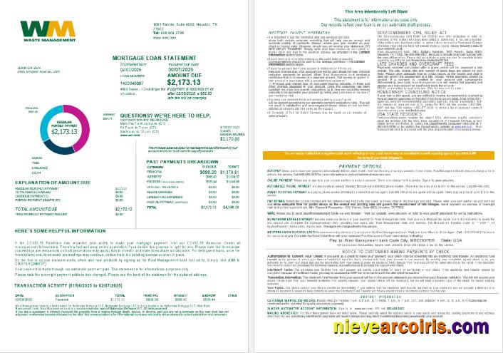 USA Waste Management bank mortgage loan statement, 4 pages 1-2